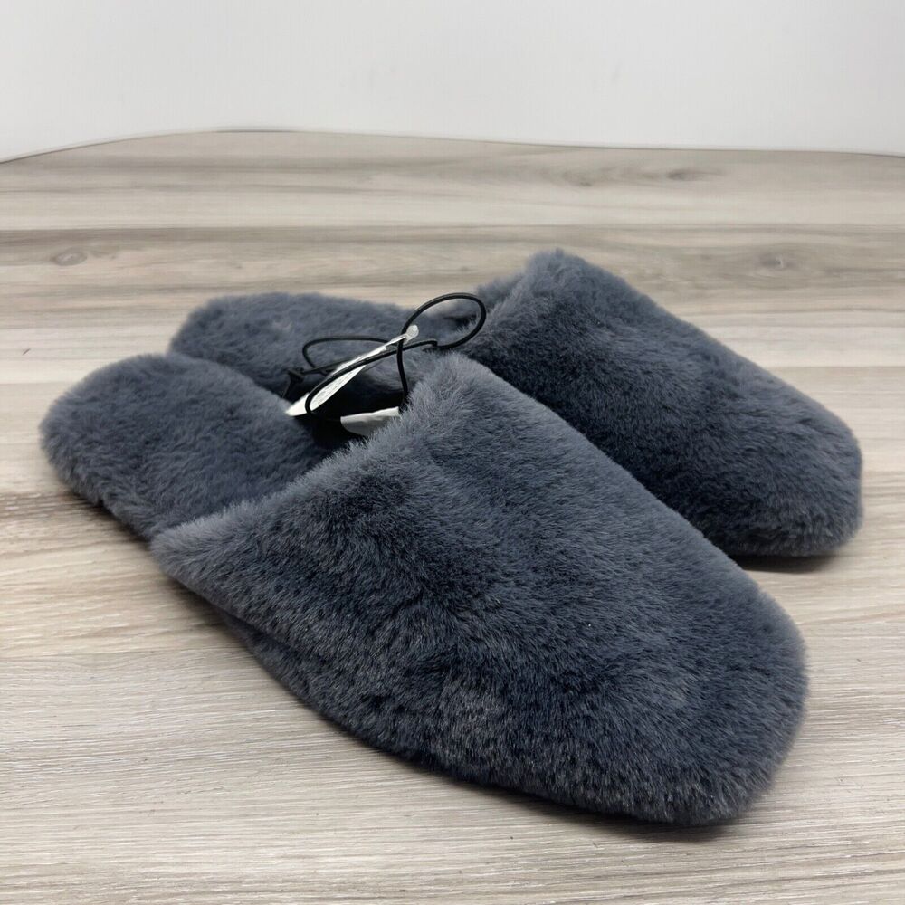 Express Women’s Flat Slide Slippers Faux Fur Gray House Shoes Square Toe Size 9